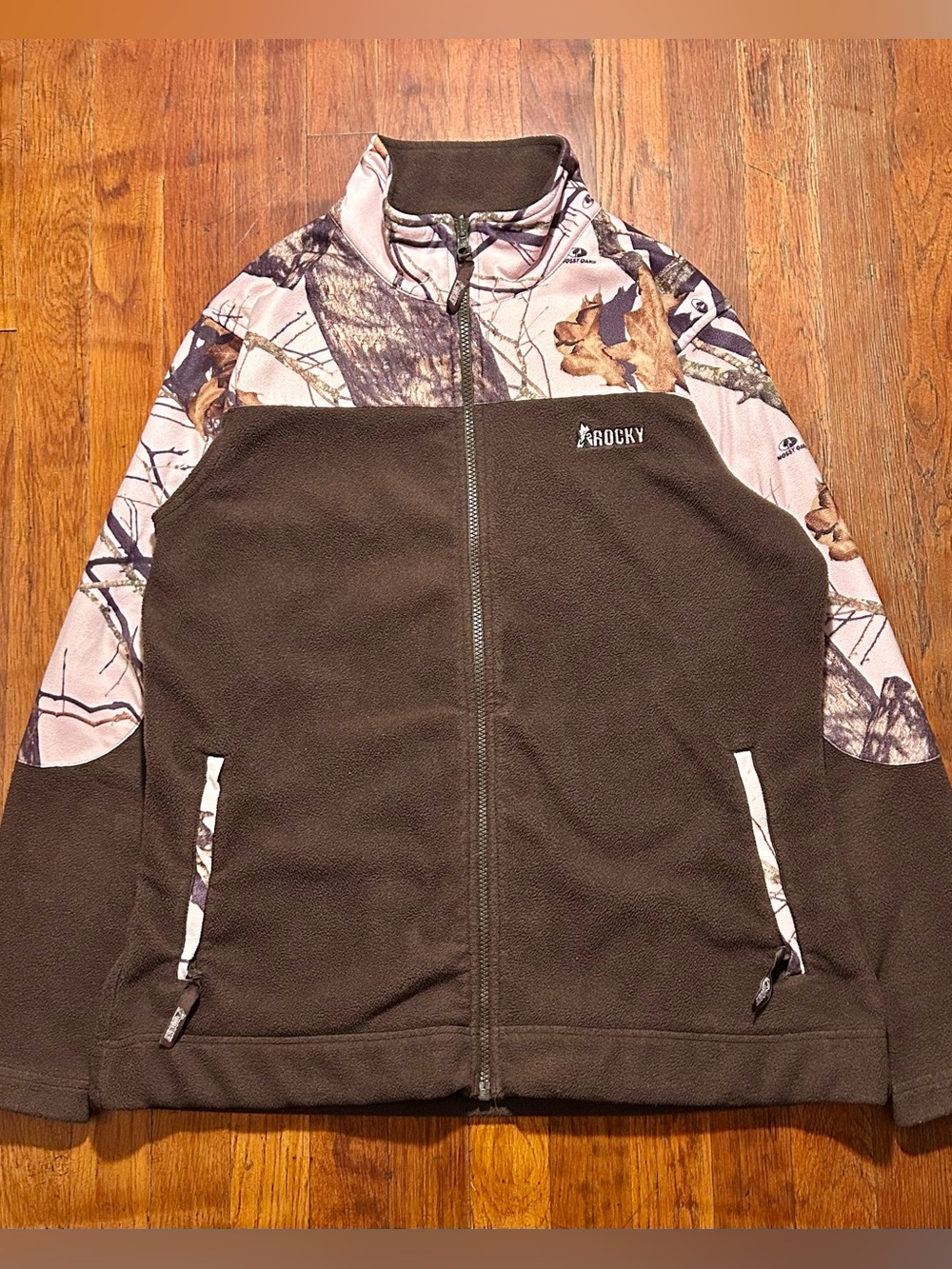 Vintage Y2K Rocky Mossy Oak Camouflage Camo Brown Pink Fleece Zip Up Jacket L